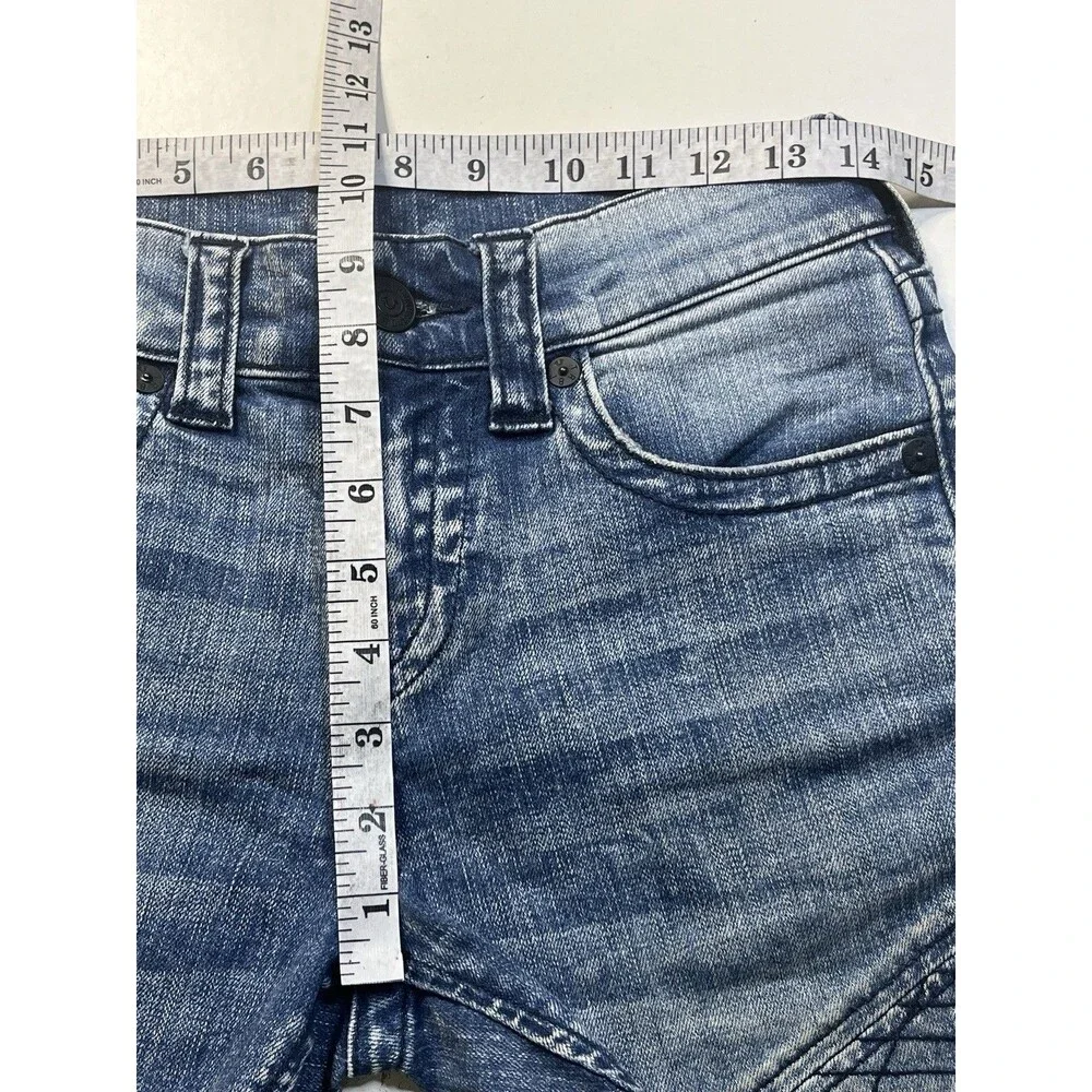 True Religion Geno Moto Shorts Men's 27 Blue Denim Chevron Stitch Raw Hem Biker